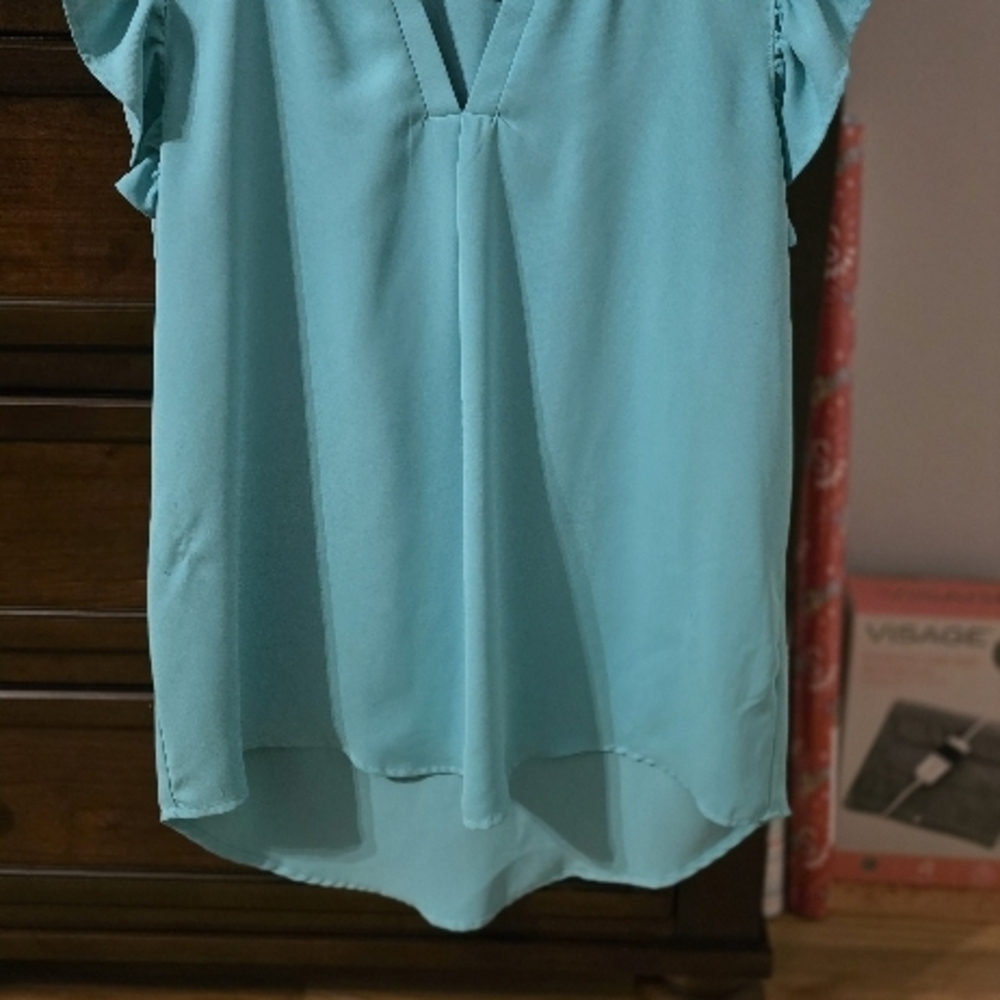 Light Turquoise V-Neck Flutter Sleeve Blouse